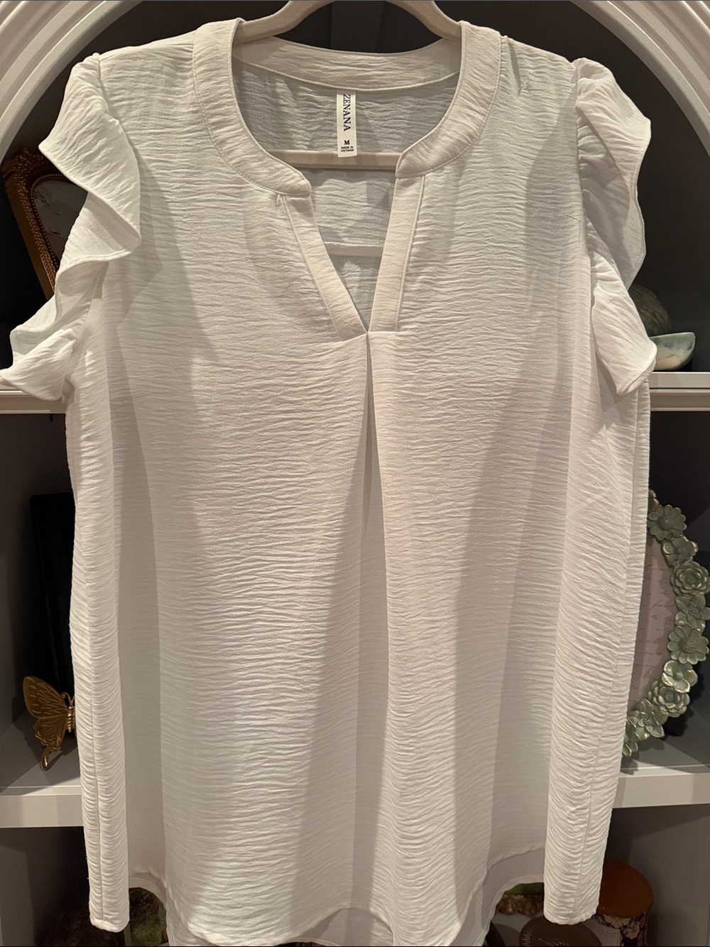Zanana White Textured Ruffle Sleeve V-Neck Blouse